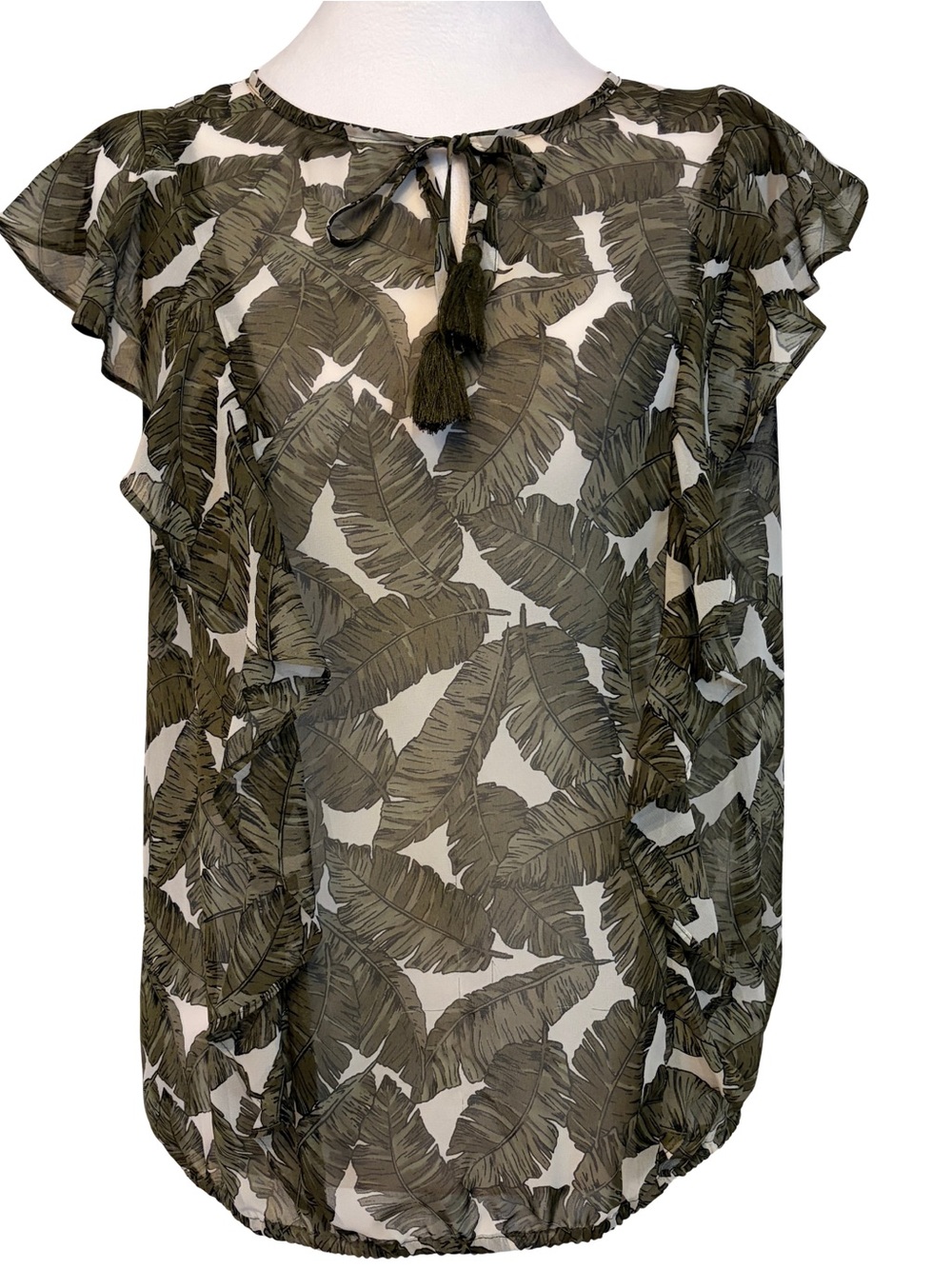 Liz Claiborne Olive Leaf Print Blouse with Keyhole